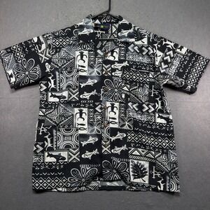 Roundy Bay Mens Large Black White Tribal Fish Print Hawaiian Button Down Shirt